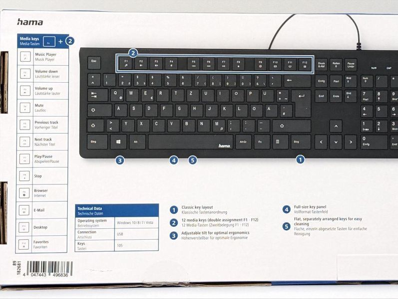 Клавиатура Hama KC-200 105key, USB-A, EN/U В11235677 фото